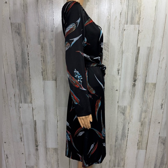Vintage Feather Print Belted Polyester Long Sleeve Shift Dress - Picture 6 of 7